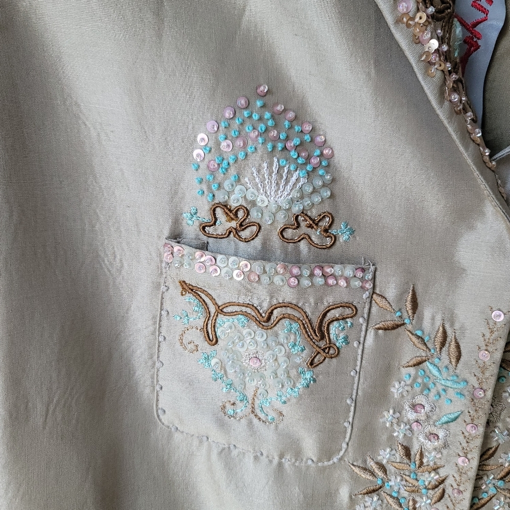 Johnny Was Biya Beaded Embroidery Silk Midi Jacket Size Medium Color Pebble NWT - Picture 4 of 16